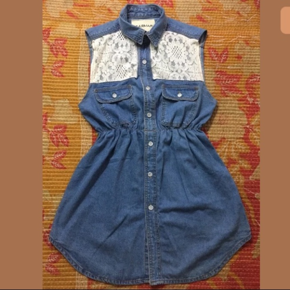 CARMAR Denim Lace Shirt Dress Button Down Pockets